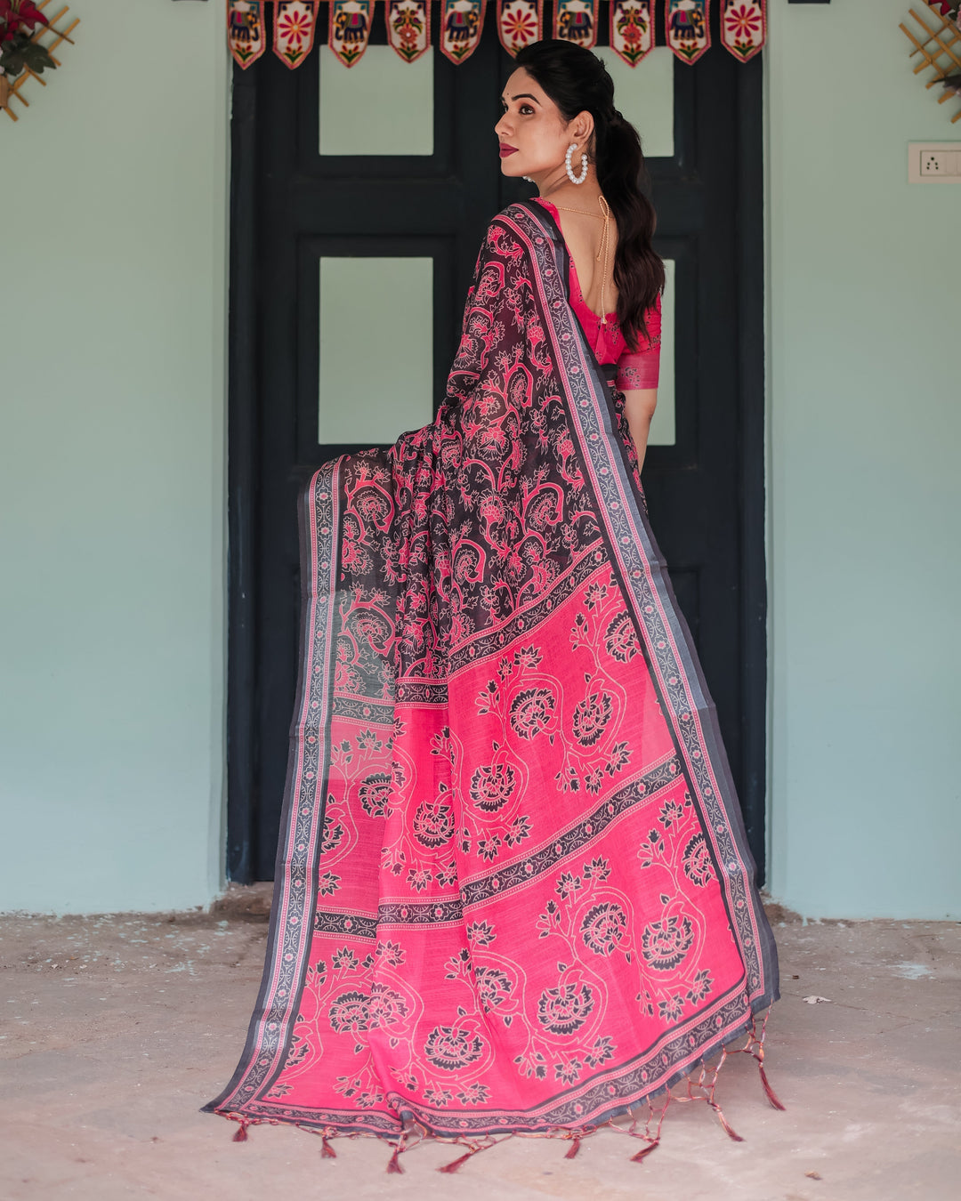 Pure Cotton Linen Saree in Black and Pink with Floral Print and Tassels LINEN H 161170