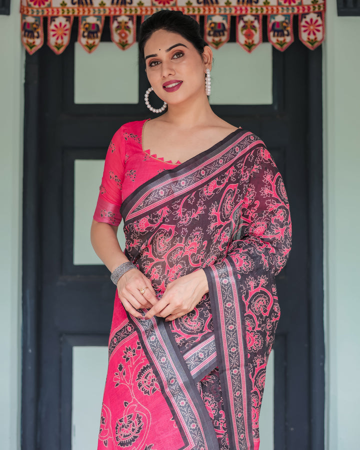 Pure Cotton Linen Saree in Black and Pink with Floral Print and Tassels LINEN H 161170