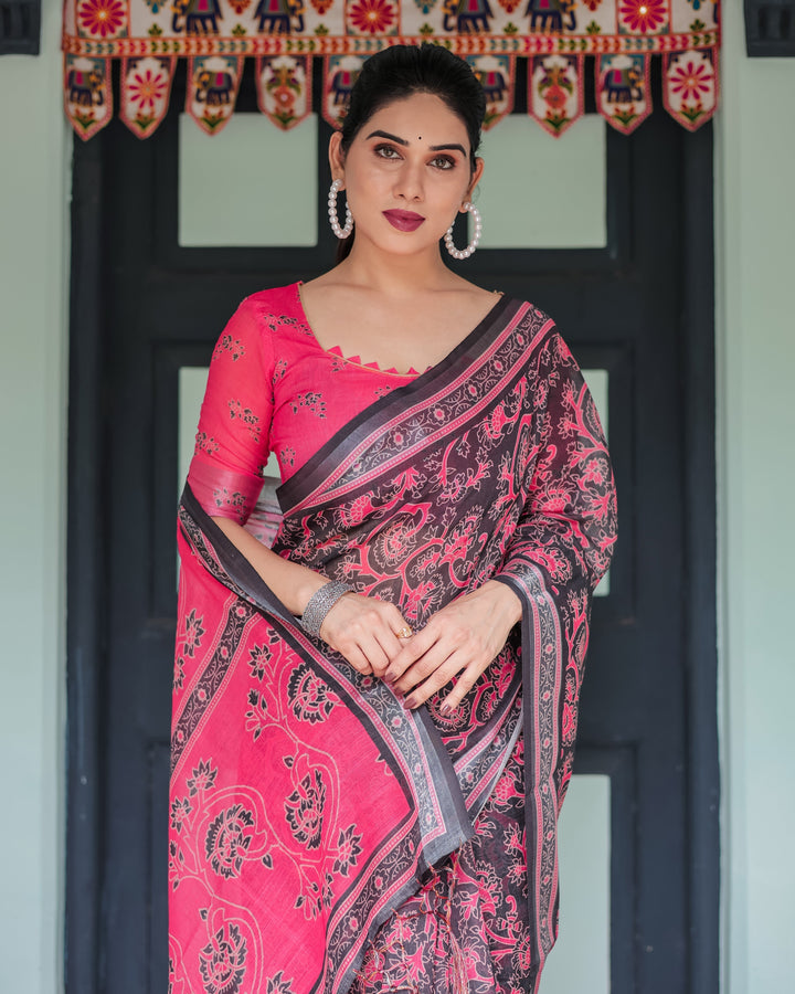 Pure Cotton Linen Saree in Black and Pink with Floral Print and Tassels LINEN H 161170