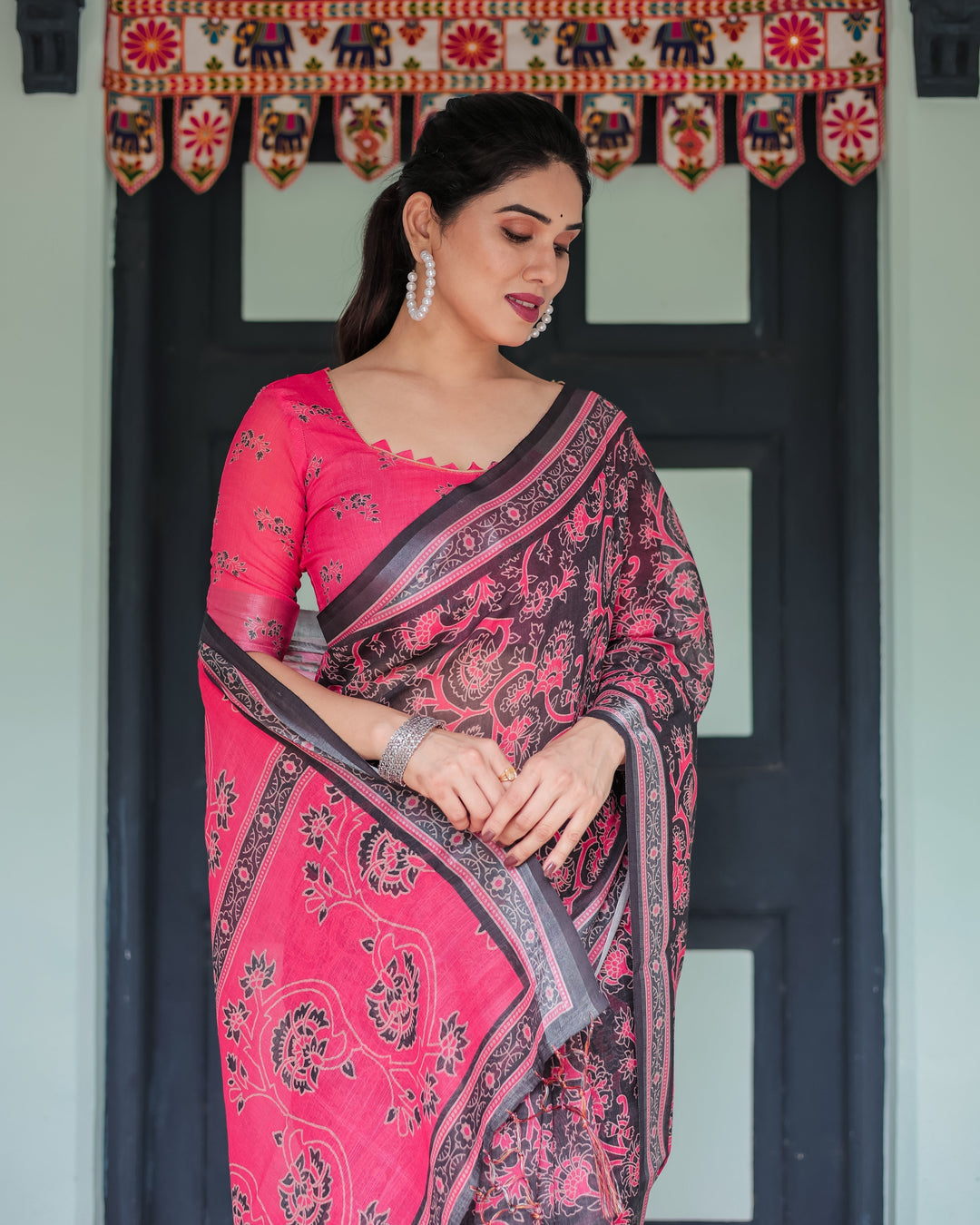 Pure Cotton Linen Saree in Black and Pink with Floral Print and Tassels LINEN H 161170
