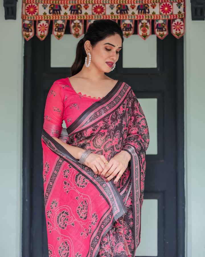 Pure Cotton Linen Saree in Black and Pink with Floral Print and Tassels LINEN H 161170