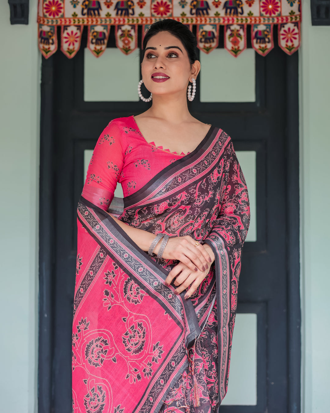 Pure Cotton Linen Saree in Black and Pink with Floral Print and Tassels LINEN H 161170