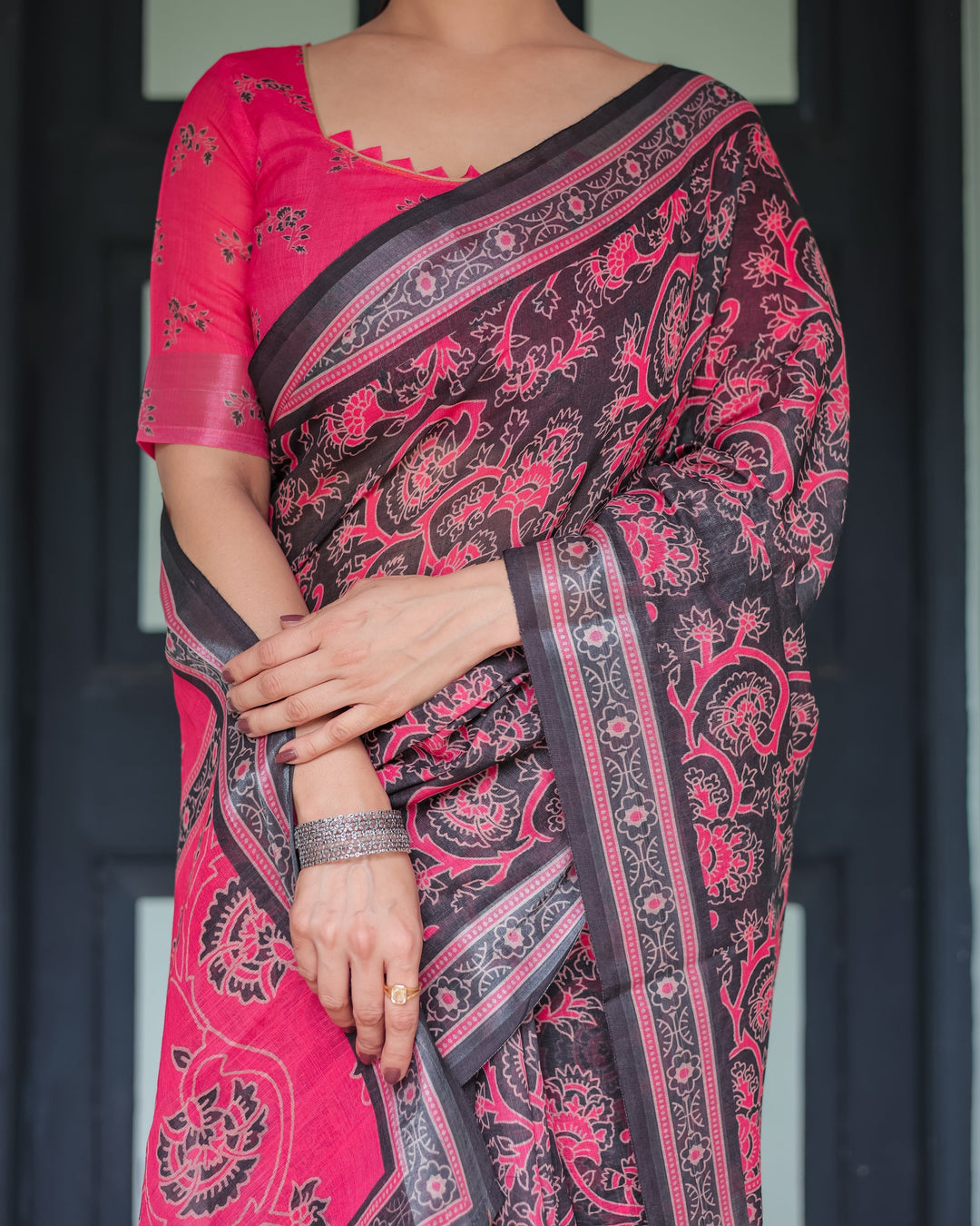 Pure Cotton Linen Saree in Black and Pink with Floral Print and Tassels LINEN H 161170