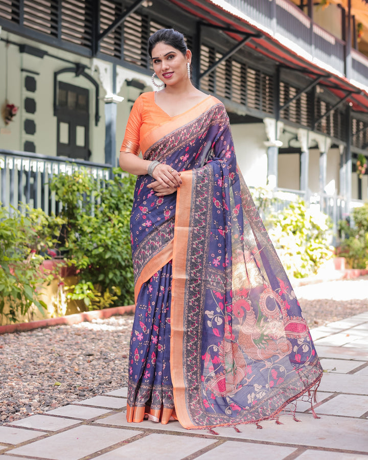 Indigo Blue Floral Print Pure Cotton Linen Saree with Orange Border and Tassels LINEN H 171174