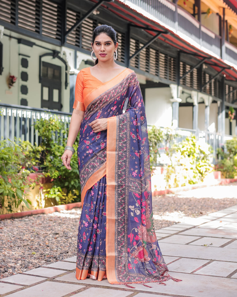 Indigo Blue Floral Print Pure Cotton Linen Saree with Orange Border and Tassels LINEN H 171174