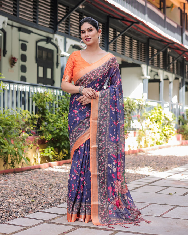Indigo Blue Floral Print Pure Cotton Linen Saree with Orange Border and Tassels LINEN H 171174