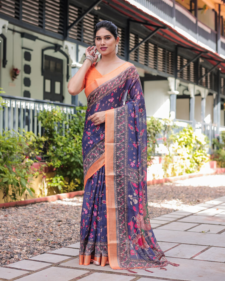 Indigo Blue Floral Print Pure Cotton Linen Saree with Orange Border and Tassels LINEN H 171174