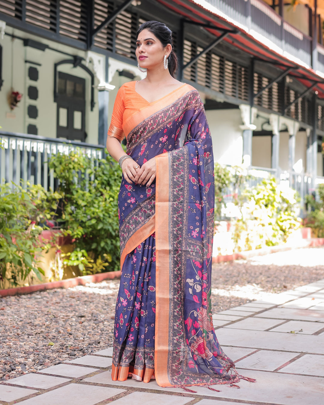 Indigo Blue Floral Print Pure Cotton Linen Saree with Orange Border and Tassels LINEN H 171174