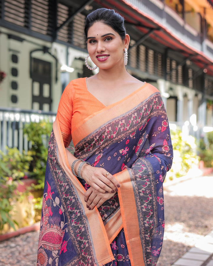 Indigo Blue Floral Print Pure Cotton Linen Saree with Orange Border and Tassels LINEN H 171174