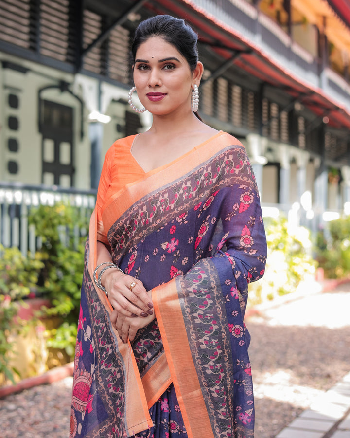 Indigo Blue Floral Print Pure Cotton Linen Saree with Orange Border and Tassels LINEN H 171174