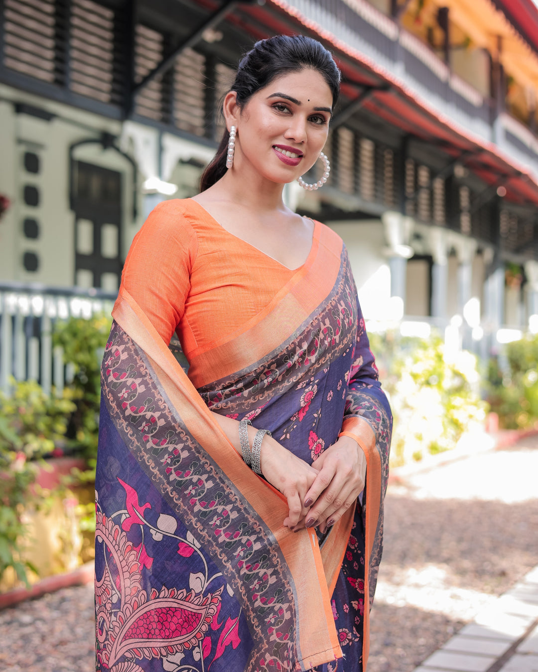 Indigo Blue Floral Print Pure Cotton Linen Saree with Orange Border and Tassels LINEN H 171174