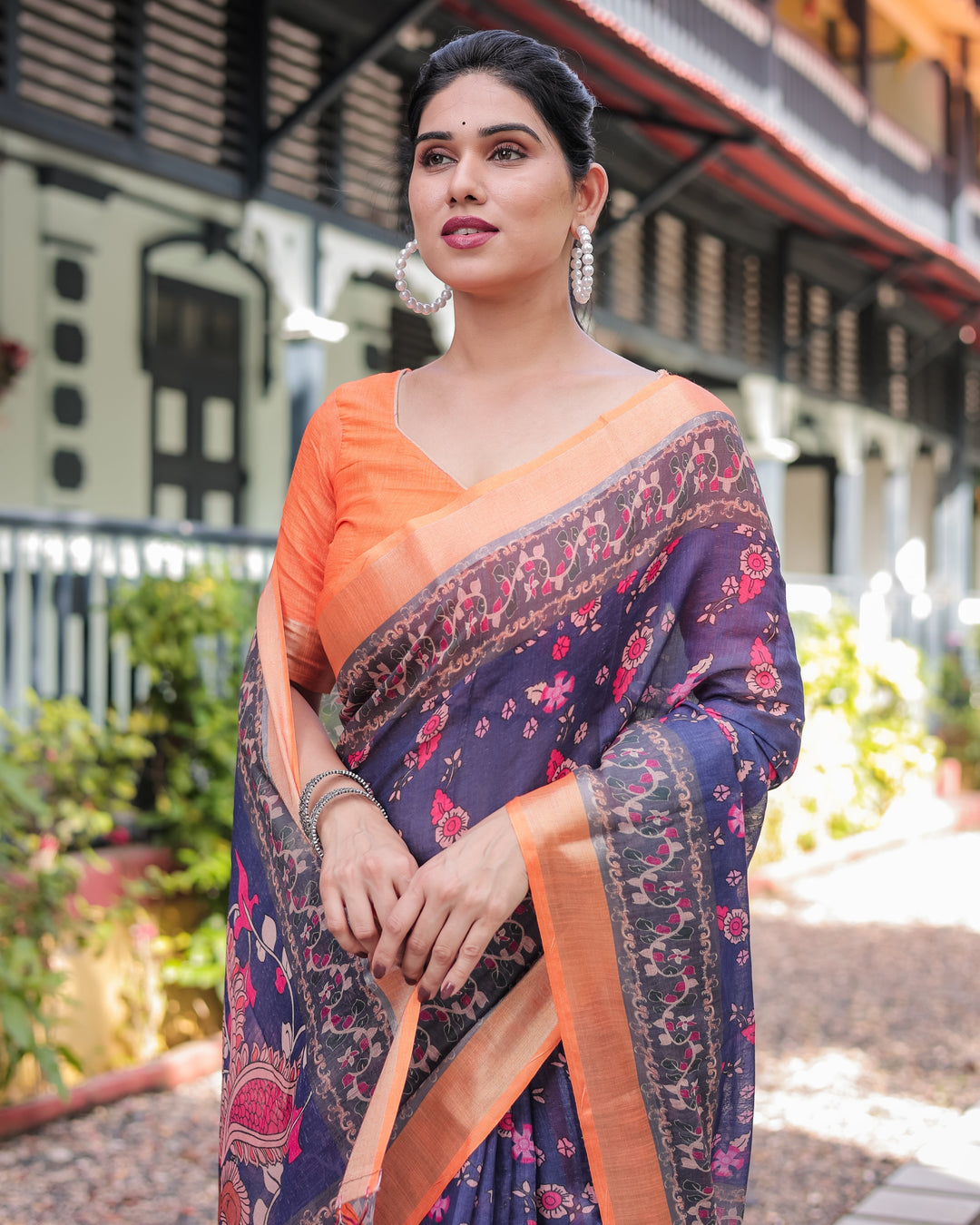 Indigo Blue Floral Print Pure Cotton Linen Saree with Orange Border and Tassels LINEN H 171174