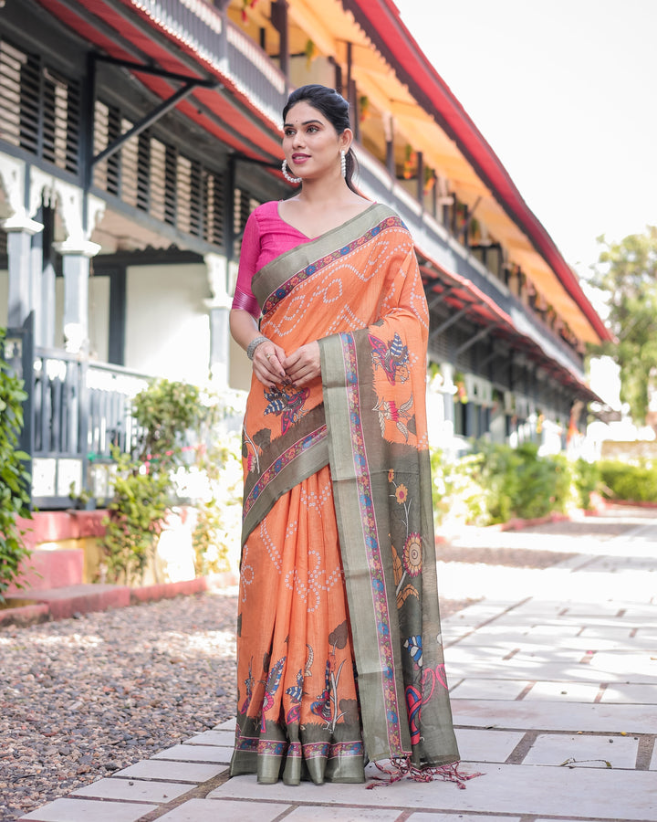 Orange and Olive Green Kalamkari Design Pure Cotton Linen Saree with Blouse and Tassels LINEN H 171174