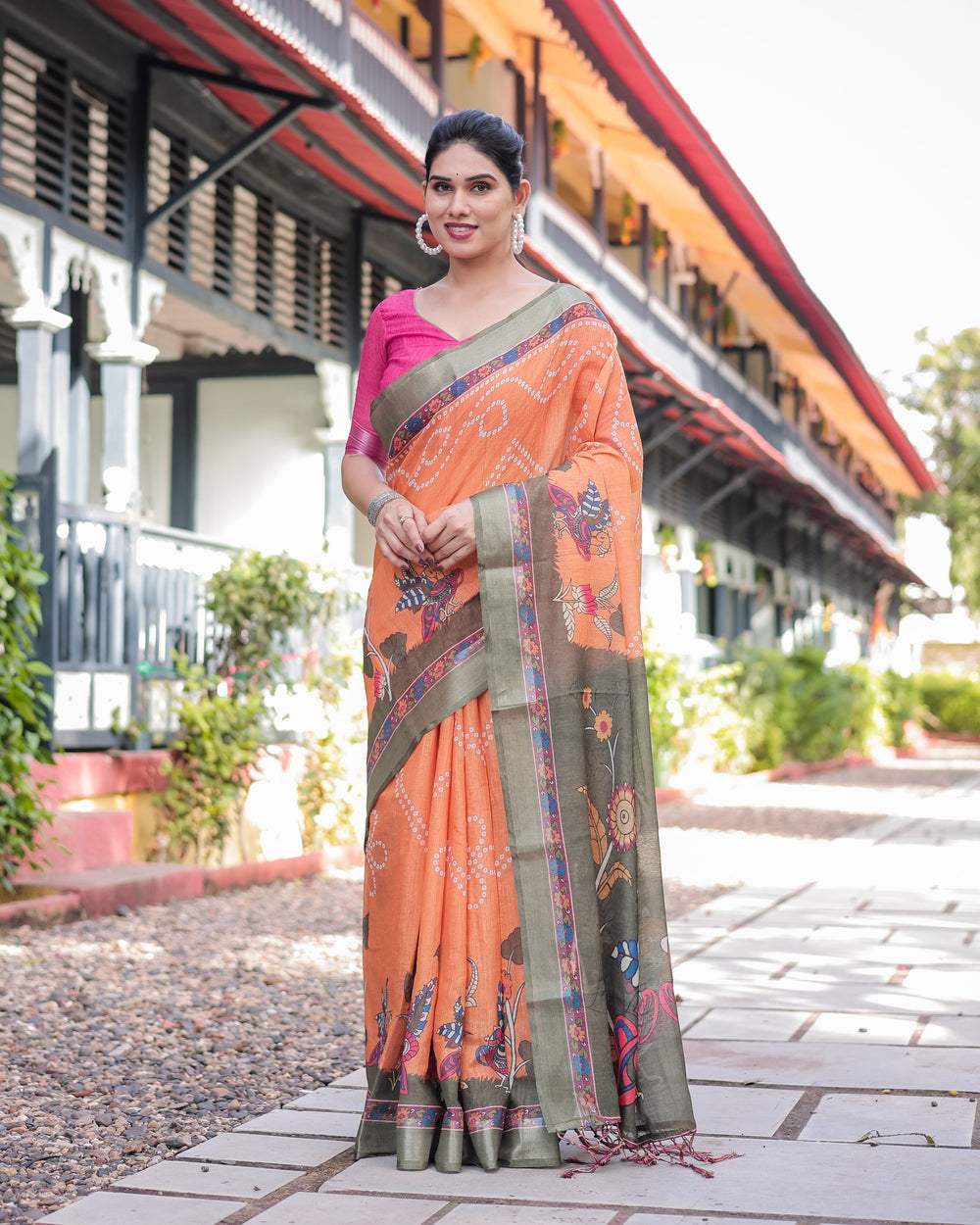 Orange and Olive Green Kalamkari Design Pure Cotton Linen Saree with Blouse and Tassels LINEN H 171174