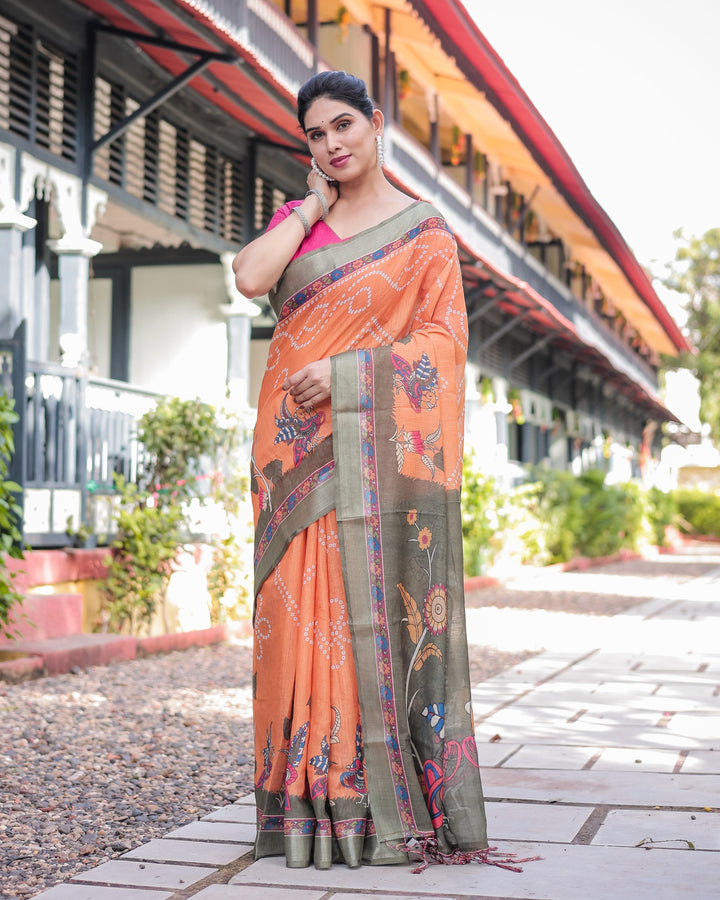 Orange and Olive Green Kalamkari Design Pure Cotton Linen Saree with Blouse and Tassels LINEN H 171174