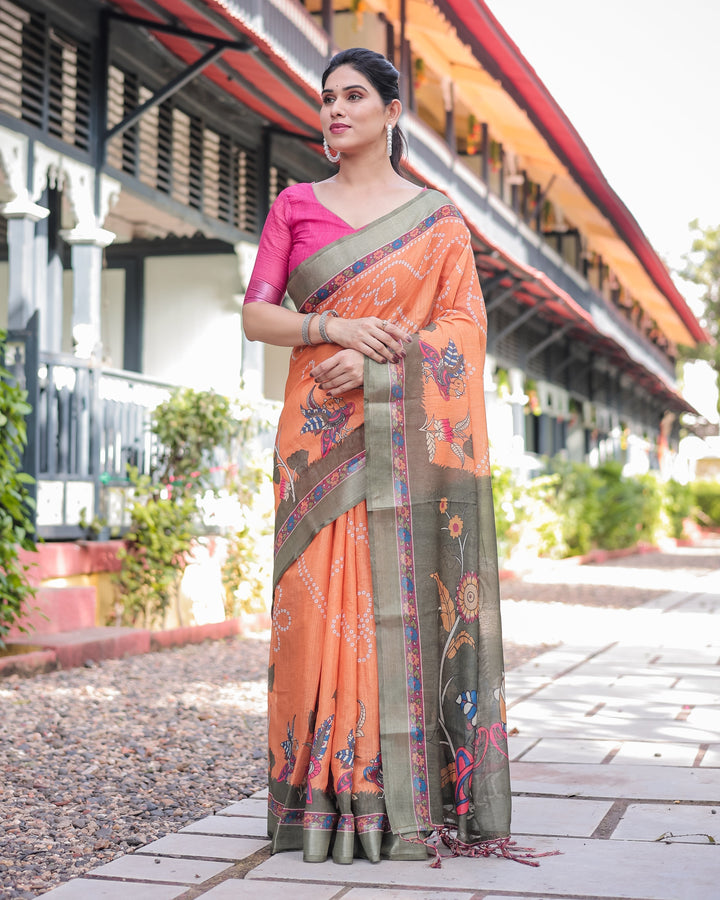 Orange and Olive Green Kalamkari Design Pure Cotton Linen Saree with Blouse and Tassels LINEN H 171174