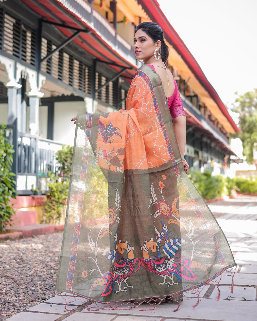 Orange and Olive Green Kalamkari Design Pure Cotton Linen Saree with Blouse and Tassels LINEN H 171174