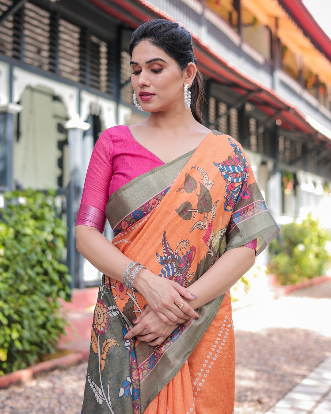Orange and Olive Green Kalamkari Design Pure Cotton Linen Saree with Blouse and Tassels LINEN H 171174
