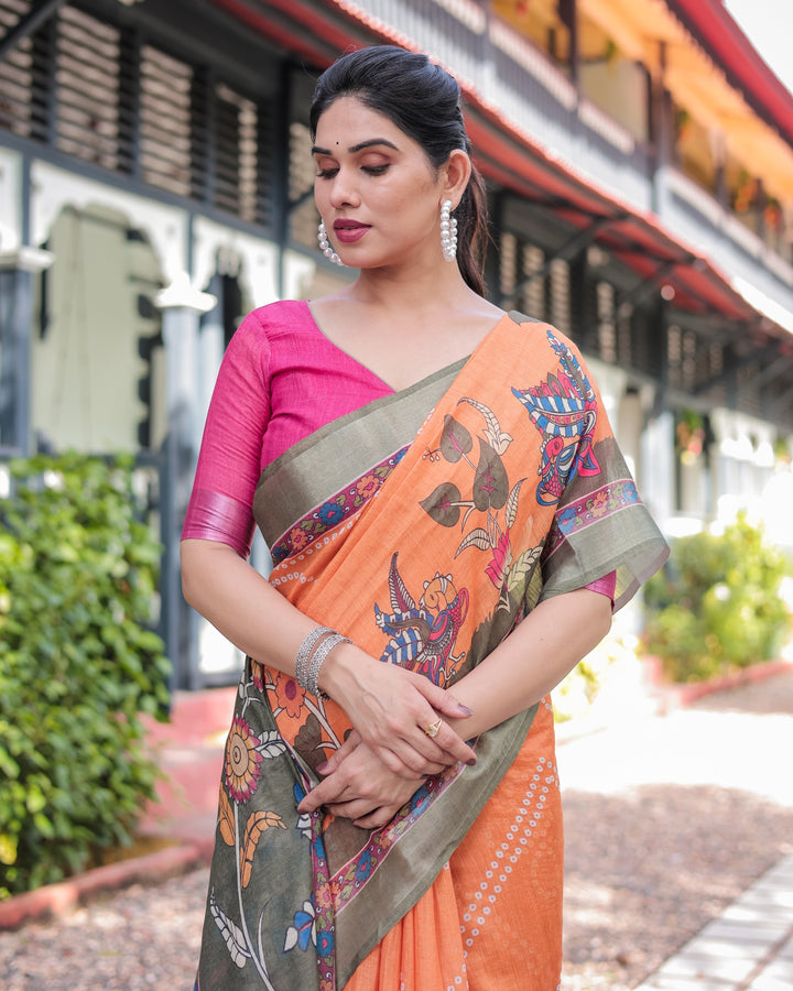 Orange and Olive Green Kalamkari Design Pure Cotton Linen Saree with Blouse and Tassels LINEN H 171174