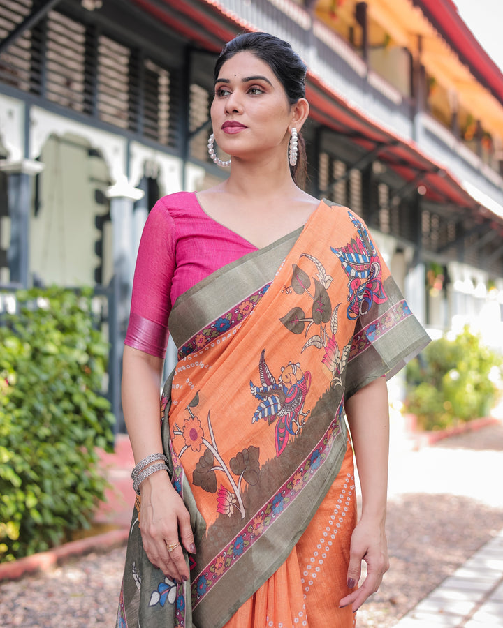 Orange and Olive Green Kalamkari Design Pure Cotton Linen Saree with Blouse and Tassels LINEN H 171174