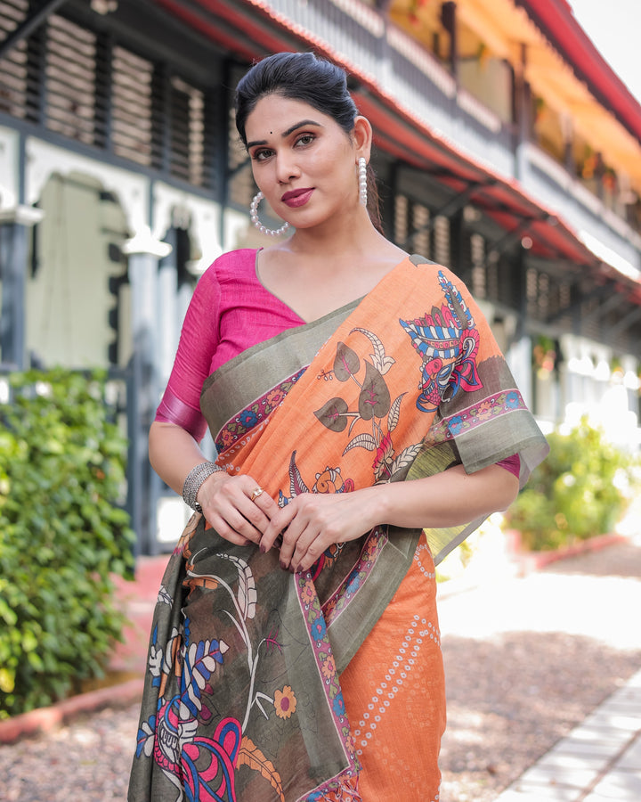 Orange and Olive Green Kalamkari Design Pure Cotton Linen Saree with Blouse and Tassels LINEN H 171174
