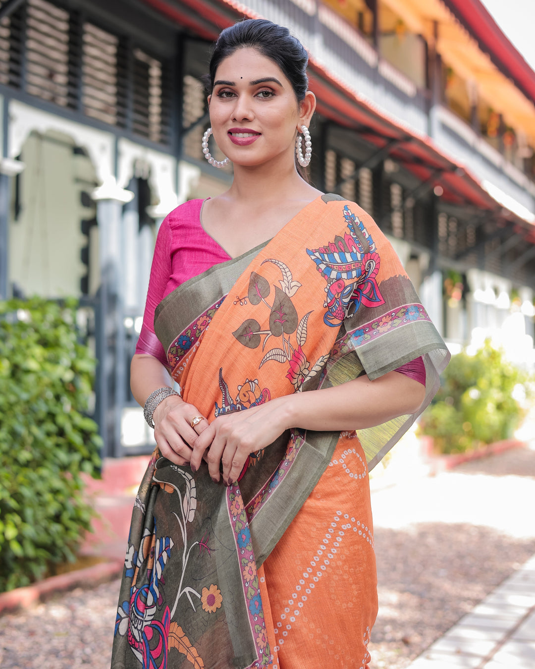 Orange and Olive Green Kalamkari Design Pure Cotton Linen Saree with Blouse and Tassels LINEN H 171174