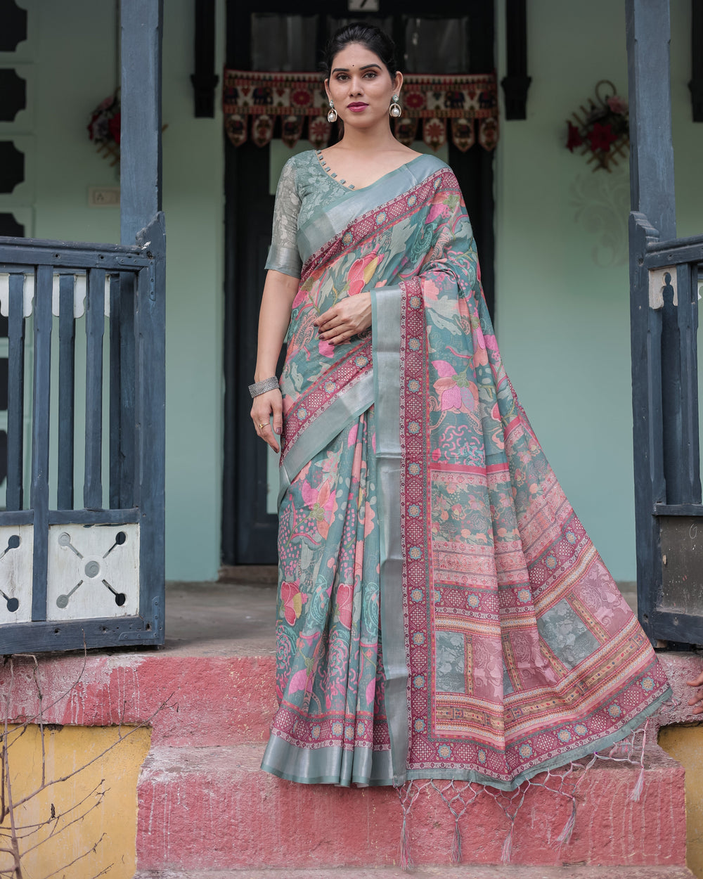 Pink and Maroon Pure Cotton Linen Saree with Blouse and Tassels - Floral Design with Leaf Patterns LINEN H 151160
