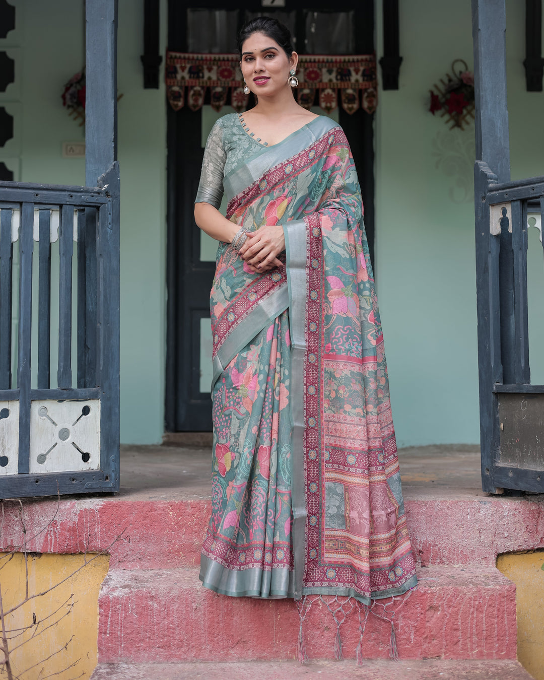 Pink and Maroon Pure Cotton Linen Saree with Blouse and Tassels - Floral Design with Leaf Patterns LINEN H 151160