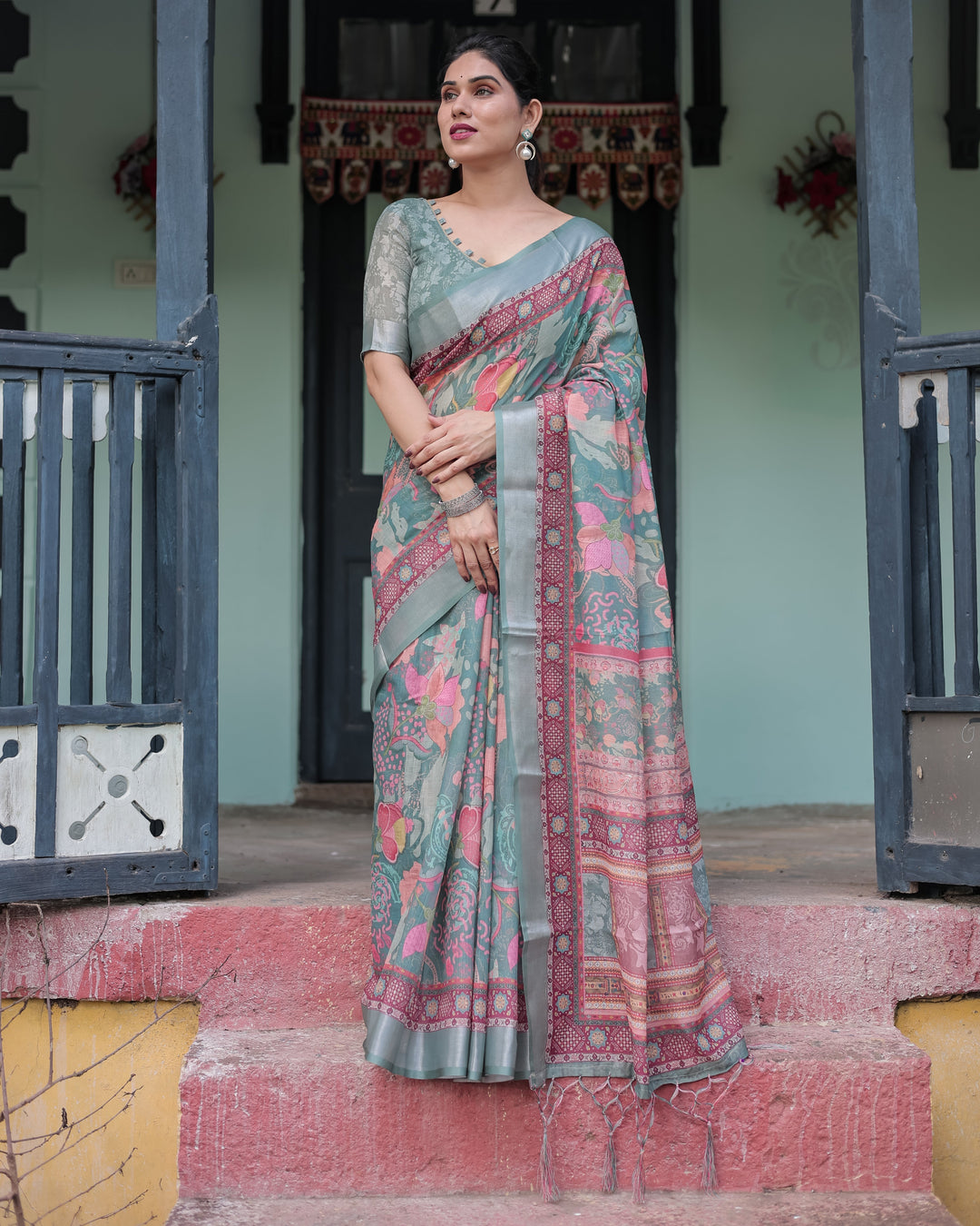 Pink and Maroon Pure Cotton Linen Saree with Blouse and Tassels - Floral Design with Leaf Patterns LINEN H 151160