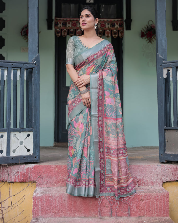Pink and Maroon Pure Cotton Linen Saree with Blouse and Tassels - Floral Design with Leaf Patterns LINEN H 151160