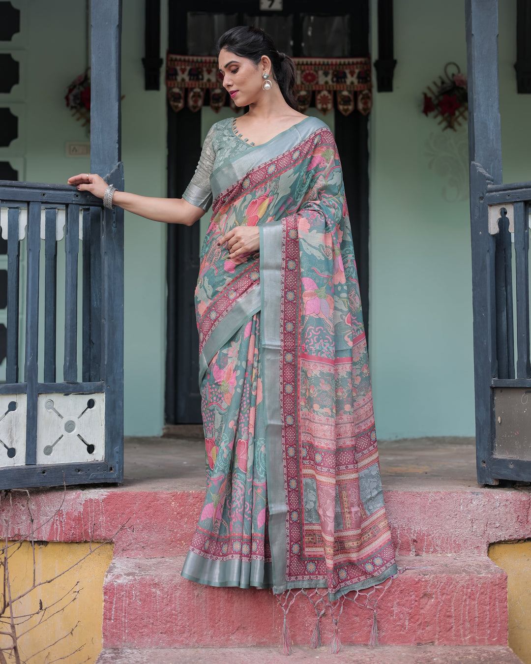 Pink and Maroon Pure Cotton Linen Saree with Blouse and Tassels - Floral Design with Leaf Patterns LINEN H 151160