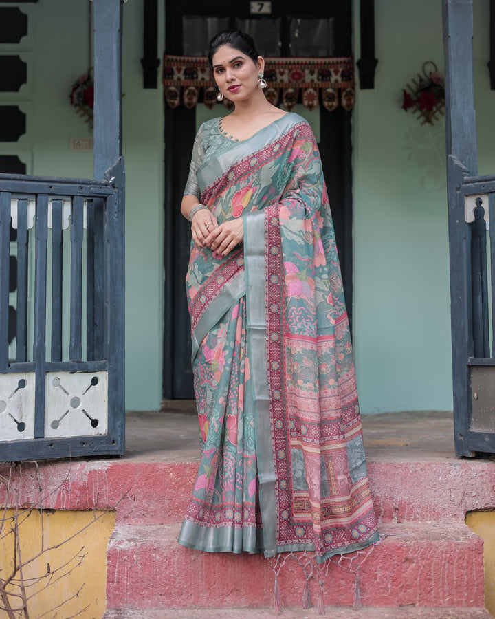 Pink and Maroon Pure Cotton Linen Saree with Blouse and Tassels - Floral Design with Leaf Patterns LINEN H 151160
