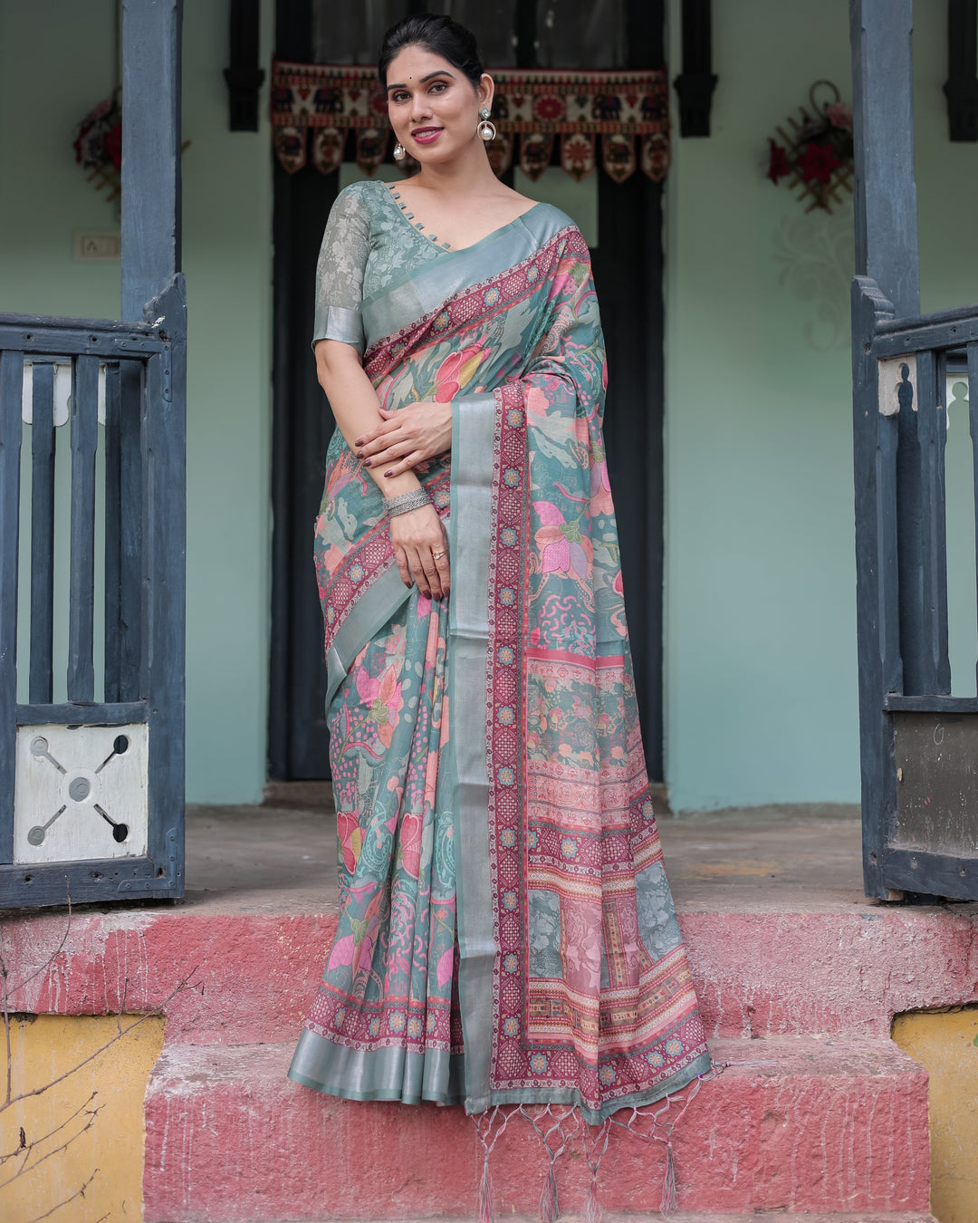 Pink and Maroon Pure Cotton Linen Saree with Blouse and Tassels - Floral Design with Leaf Patterns LINEN H 151160