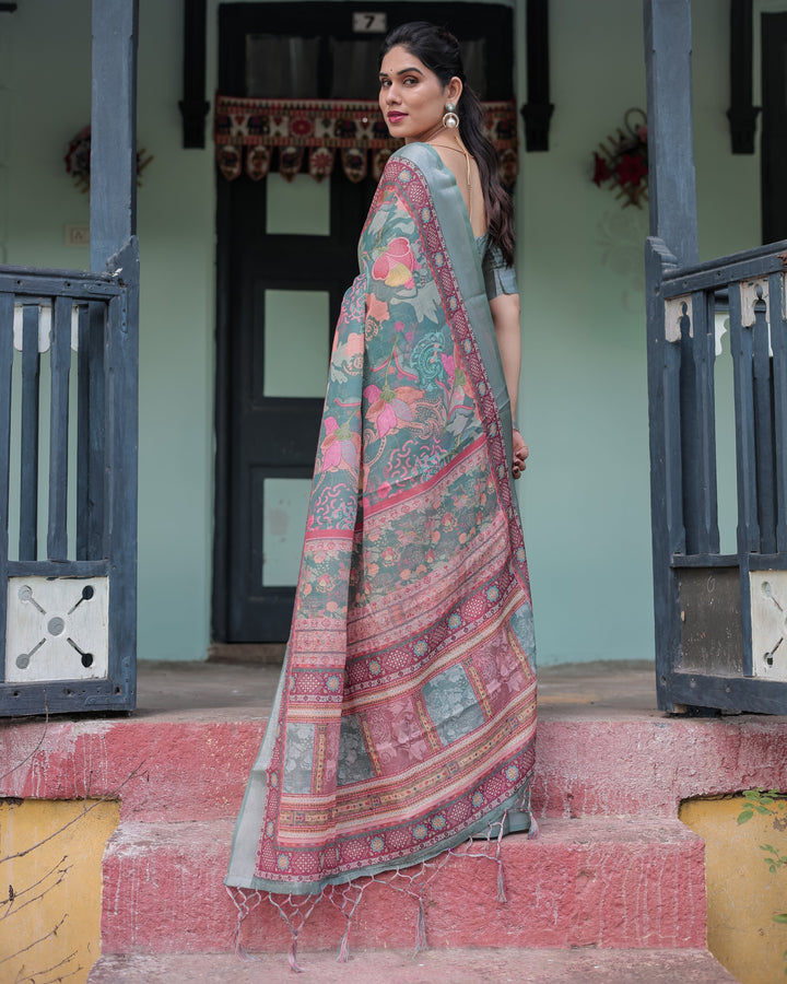 Pink and Maroon Pure Cotton Linen Saree with Blouse and Tassels - Floral Design with Leaf Patterns LINEN H 151160