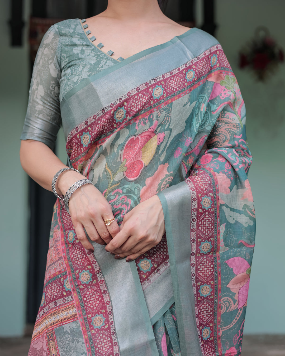 Pink and Maroon Pure Cotton Linen Saree with Blouse and Tassels - Floral Design with Leaf Patterns LINEN H 151160