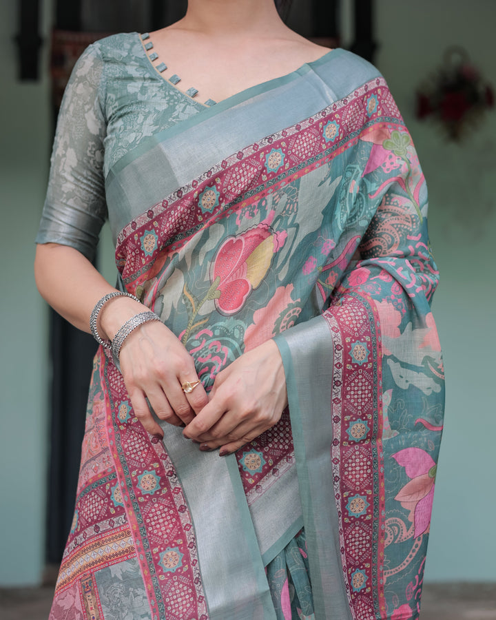 Pink and Maroon Pure Cotton Linen Saree with Blouse and Tassels - Floral Design with Leaf Patterns LINEN H 151160