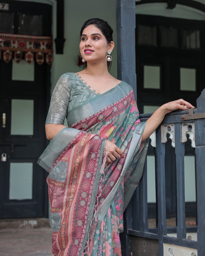 Pink and Maroon Pure Cotton Linen Saree with Blouse and Tassels - Floral Design with Leaf Patterns LINEN H 151160