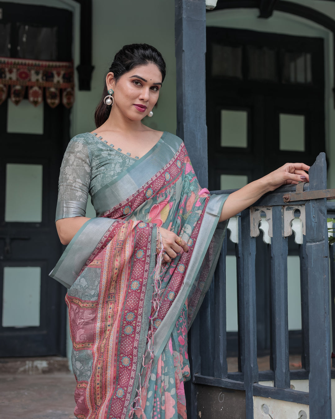 Pink and Maroon Pure Cotton Linen Saree with Blouse and Tassels - Floral Design with Leaf Patterns LINEN H 151160