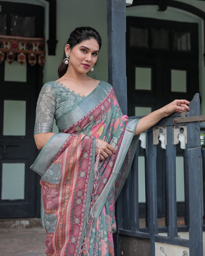 Pink and Maroon Pure Cotton Linen Saree with Blouse and Tassels - Floral Design with Leaf Patterns LINEN H 151160