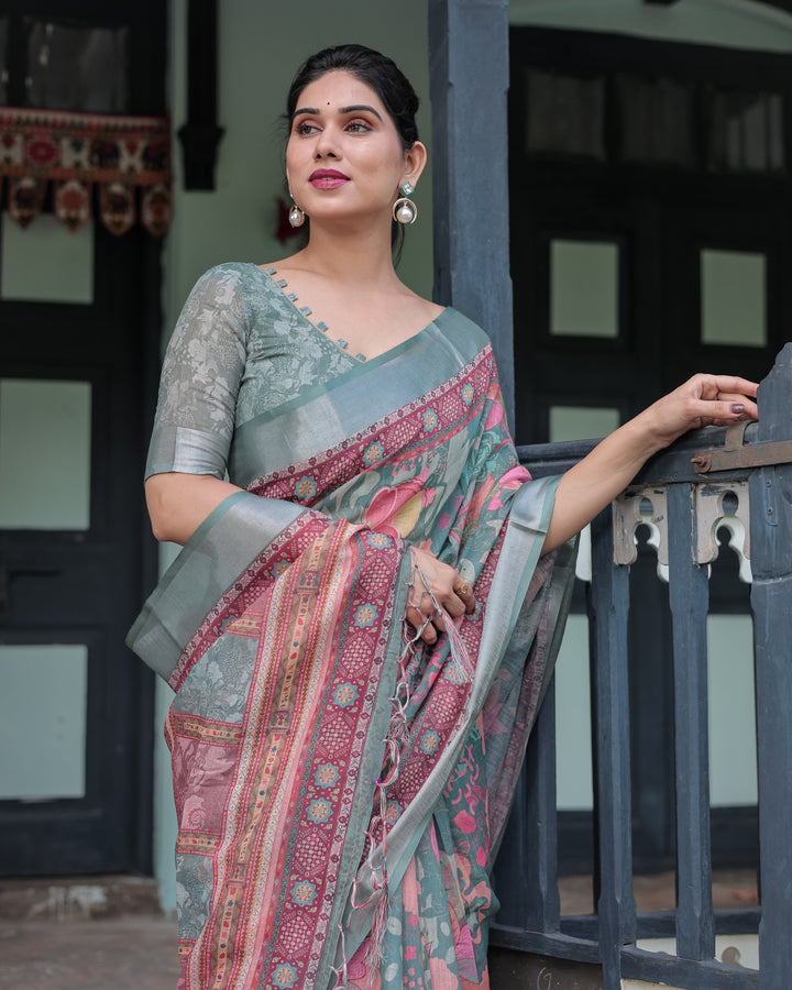 Pink and Maroon Pure Cotton Linen Saree with Blouse and Tassels - Floral Design with Leaf Patterns LINEN H 151160