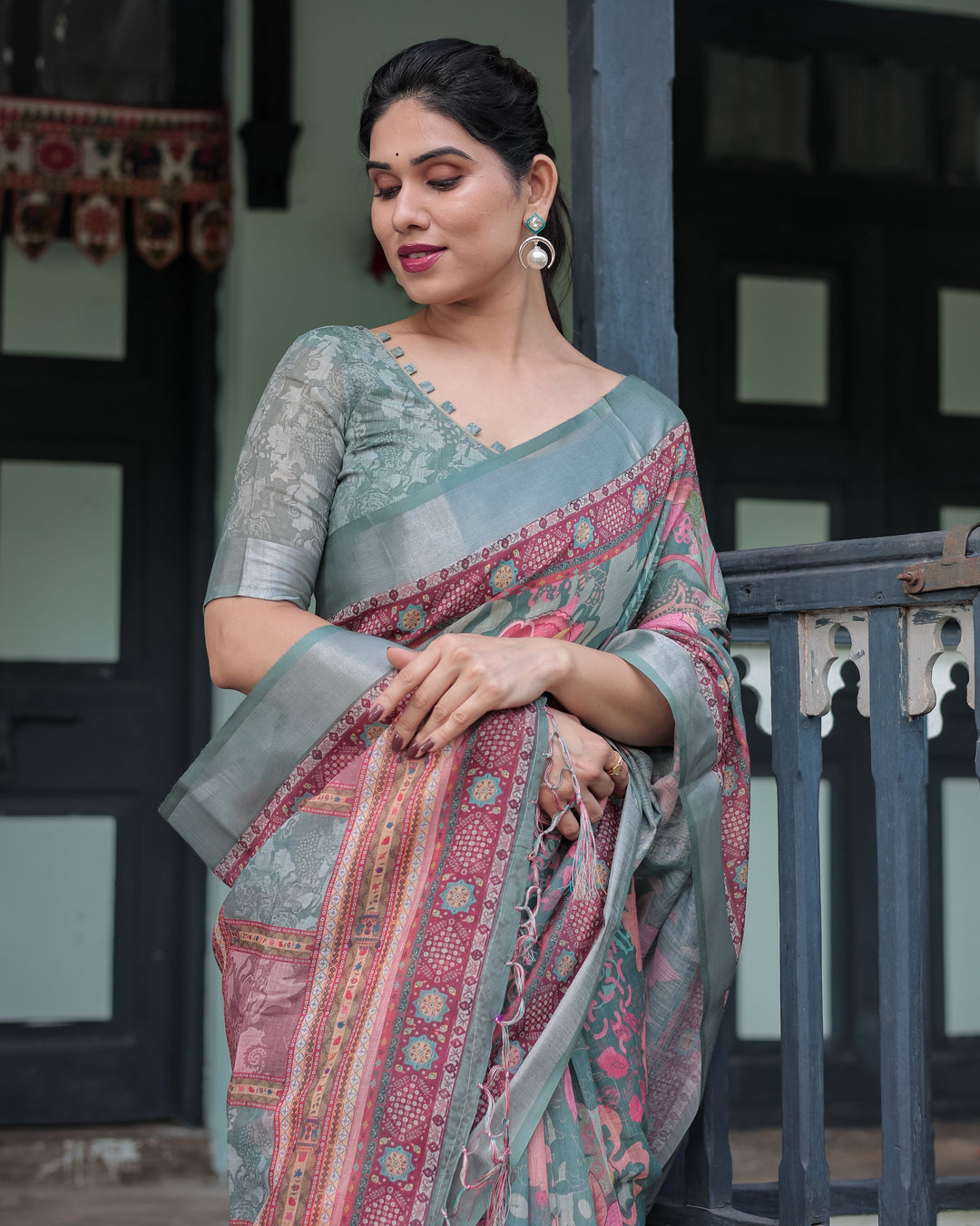 Pink and Maroon Pure Cotton Linen Saree with Blouse and Tassels - Floral Design with Leaf Patterns LINEN H 151160