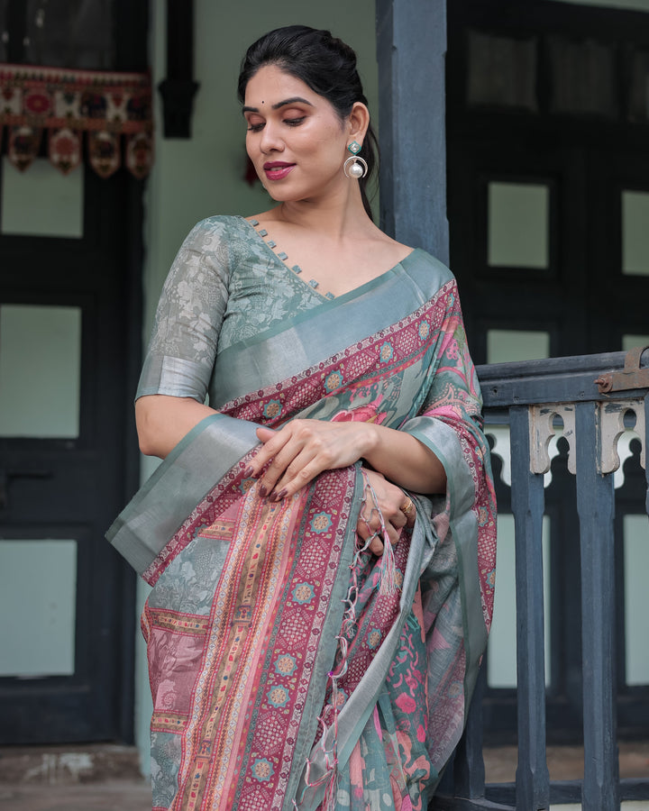 Pink and Maroon Pure Cotton Linen Saree with Blouse and Tassels - Floral Design with Leaf Patterns LINEN H 151160