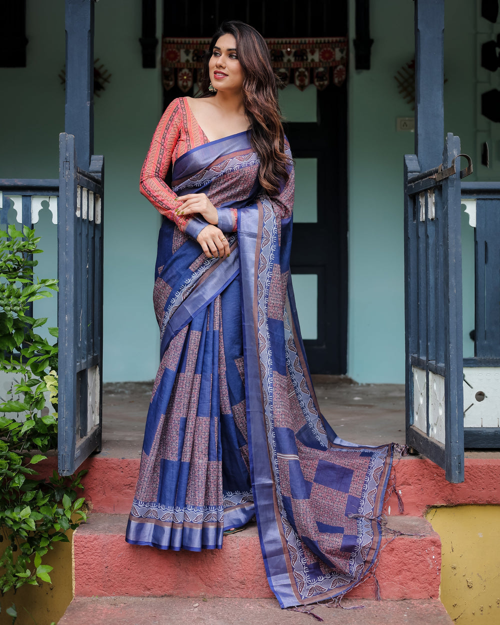 Navy Blue & Red Pure Cotton Linen Saree with Blouse and Tassels on Edges LINEN H 121130