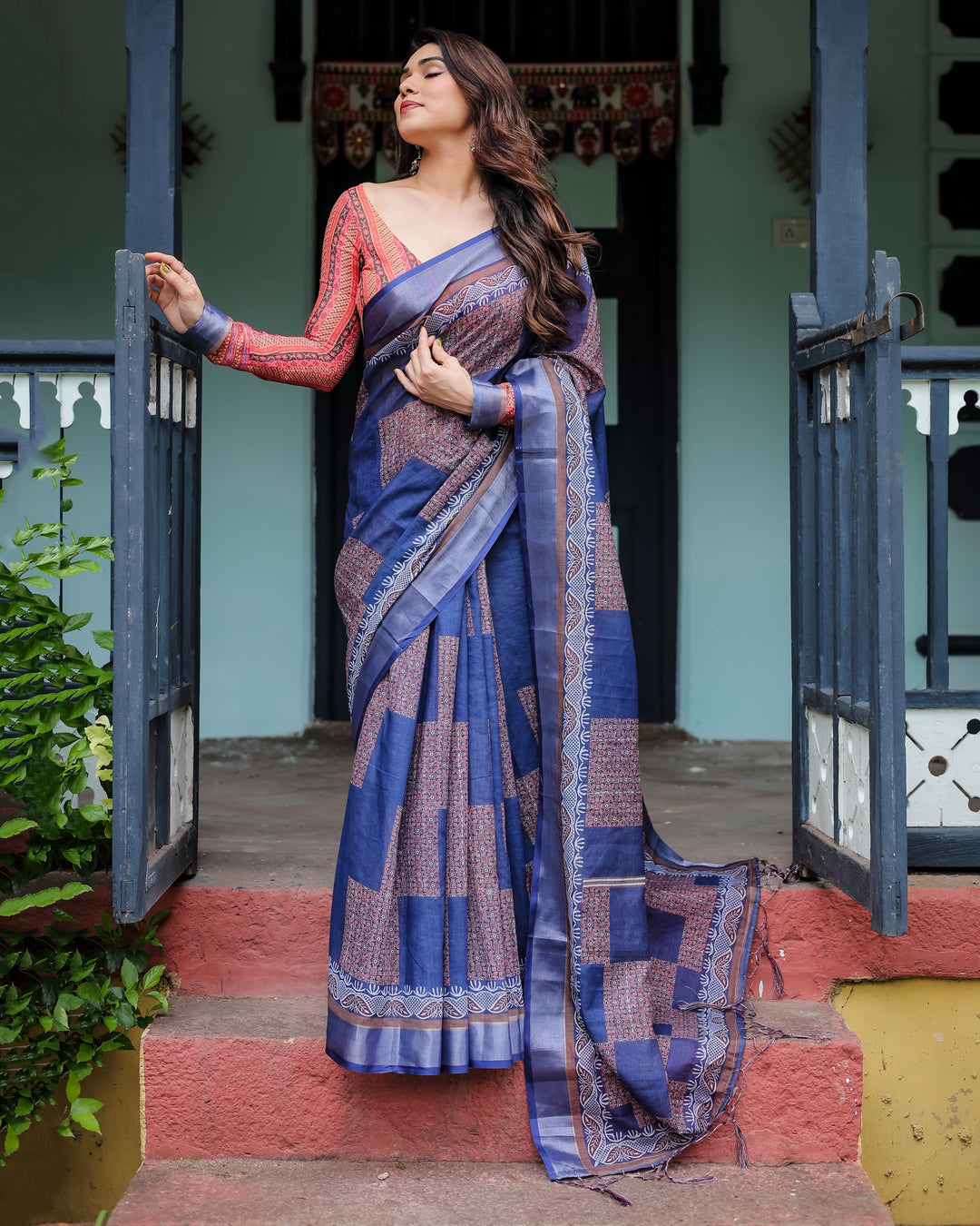 Navy Blue & Red Pure Cotton Linen Saree with Blouse and Tassels on Edges LINEN H 121130