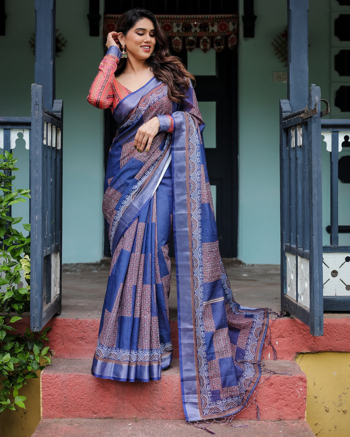 Navy Blue & Red Pure Cotton Linen Saree with Blouse and Tassels on Edges LINEN H 121130