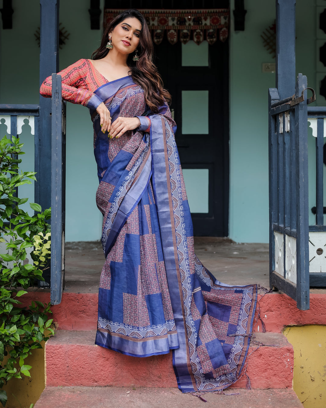 Navy Blue & Red Pure Cotton Linen Saree with Blouse and Tassels on Edges LINEN H 121130