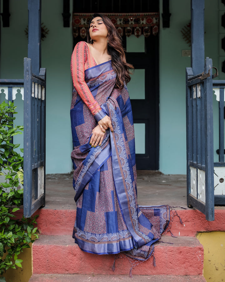 Navy Blue & Red Pure Cotton Linen Saree with Blouse and Tassels on Edges LINEN H 121130