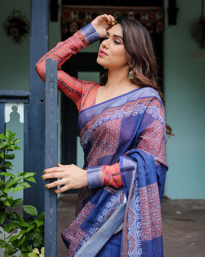 Navy Blue & Red Pure Cotton Linen Saree with Blouse and Tassels on Edges LINEN H 121130