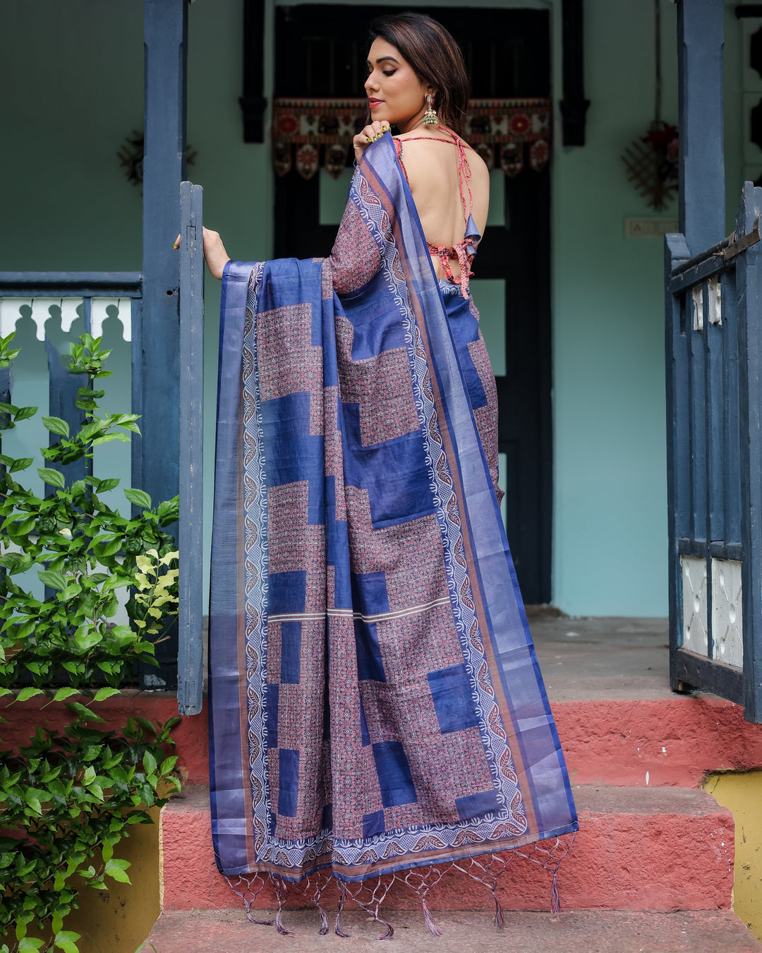 Navy Blue & Red Pure Cotton Linen Saree with Blouse and Tassels on Edges LINEN H 121130
