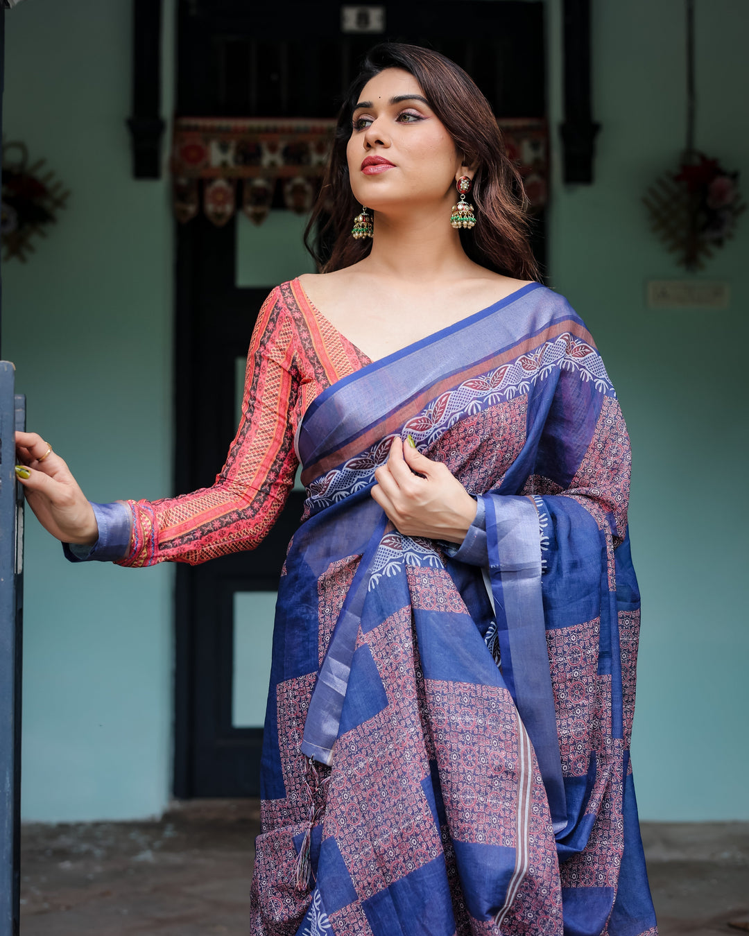 Navy Blue & Red Pure Cotton Linen Saree with Blouse and Tassels on Edges LINEN H 121130